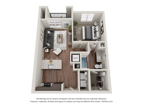 Floor plan for 1 bed, 1 bath, 662 sqft